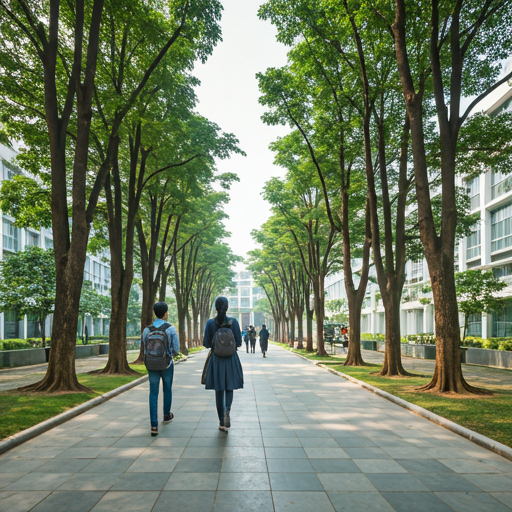 A bright, modern university campus scene at Independent University, Bangladesh (IUB) during daylight. Students are walking on clean pathways surrounded by green trees and modern architecture. The lighting is crisp and optimistic, conveying an atmosphere of education, innovation, and youthful energy in a clean eco-friendly style. - Punosristi Bangladesh Plastic Recycling