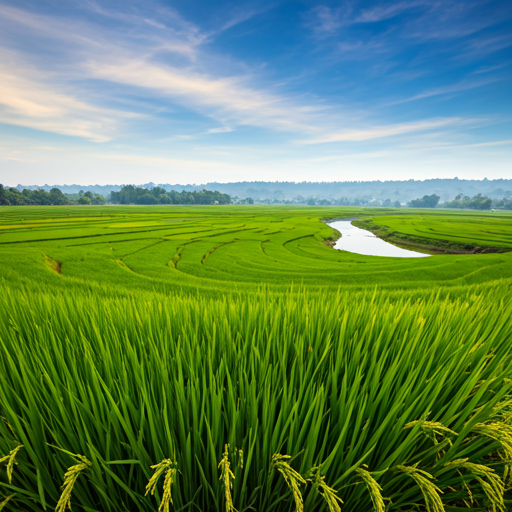 A breathtaking, vibrant green landscape of rural Bangladesh, featuring lush paddy fields and a winding river under a clear blue sky. The image has a very light, white-to-transparent gradient overlay to ensure text readability while maintaining the bright, organic, and hopeful mood of the nature scenery. - Punosristi Bangladesh Plastic Recycling