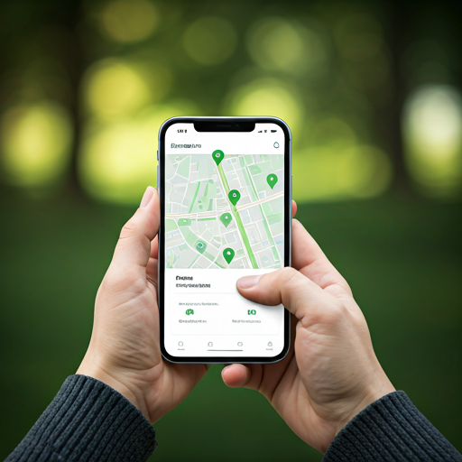 A person holding a smartphone displaying a map application with green location pins. The screen shows the Punosristi app interface for finding recycling machines. Bright, natural lighting, outdoors, conveying modern green tech utility. - Punosristi Bangladesh Plastic Recycling