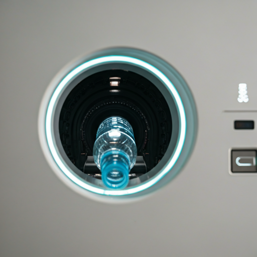 Close-up of a plastic bottle entering the circular opening of a clean, white reverse vending machine. Internal LED lights scan the bottle. The machine looks futuristic and hygienic. The background is slightly blurred. - Punosristi Bangladesh Plastic Recycling