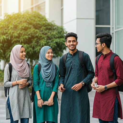 A group of smiling Bangladeshi university students gathered outdoors on a modern campus courtyard during a bright morning. They are dressed in casual, modest attire, engaged in lively conversation, representing the vibrant youth and education focus of the brand. The lighting is warm and natural, creating a hopeful and energetic atmosphere. - Punosristi Bangladesh Plastic Recycling